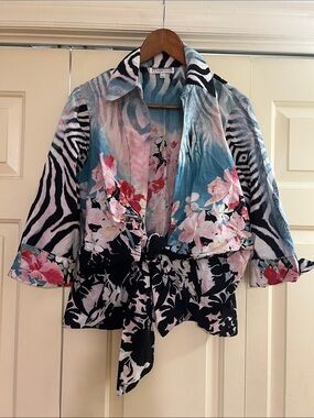 Mischa Tie-Front Mixed Bright Colorful Print Blouse in Blue Pink and Black